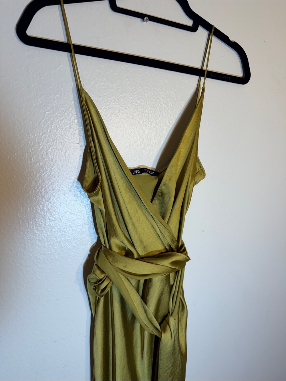 Zara Olive Chartreuse Satin Faux Wrap Silky Maxi Slip Dress Large Cocktail - Picture 3 of 12